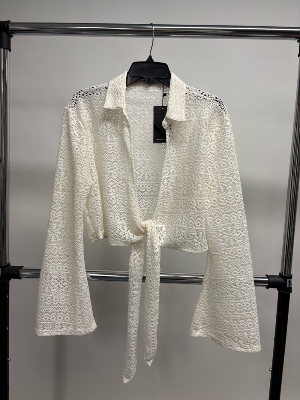 Renuar Crochet Tie-Front Shirt - Ivory Lace
